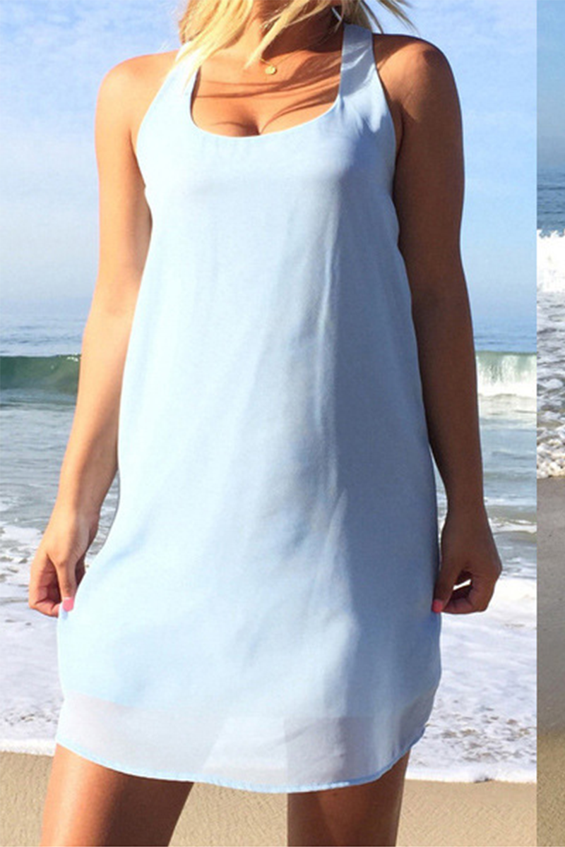 Vestidos casuales lisos con abertura en la parte delantera y cuello redondo (8 colores)