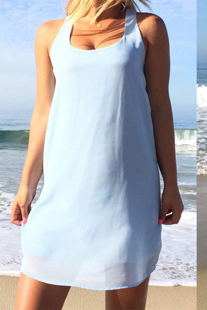 Vestidos casuales lisos con abertura en la parte delantera y cuello redondo (8 colores)