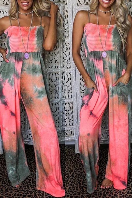 Monos rectos sexis con tirantes finos y efecto tie-dye de patchwork