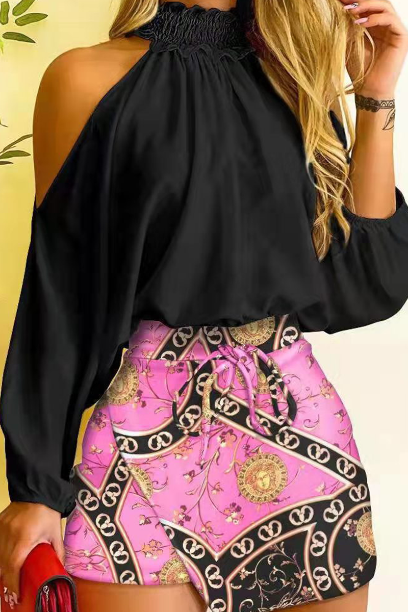 Conjunto de dos piezas con cuello halter y manga larga con estampado de moda (4 colores)