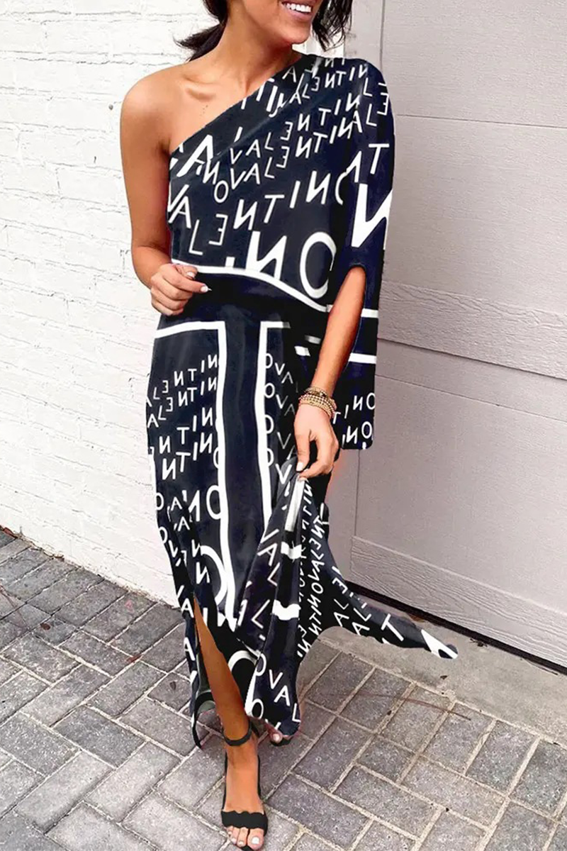 Casual Print One Shoulder Waist Skirt Dresses(5 Colors)