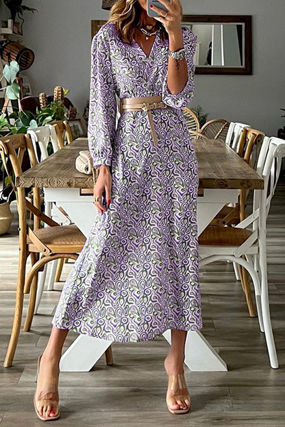 Vestidos de falda con cuello en V y cintura de patchwork con estampado de moda