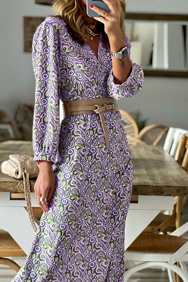 Vestidos de falda con cuello en V y cintura de patchwork con estampado de moda