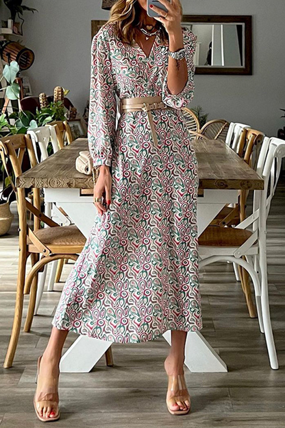 Vestidos de falda con cuello en V y cintura de patchwork con estampado de moda