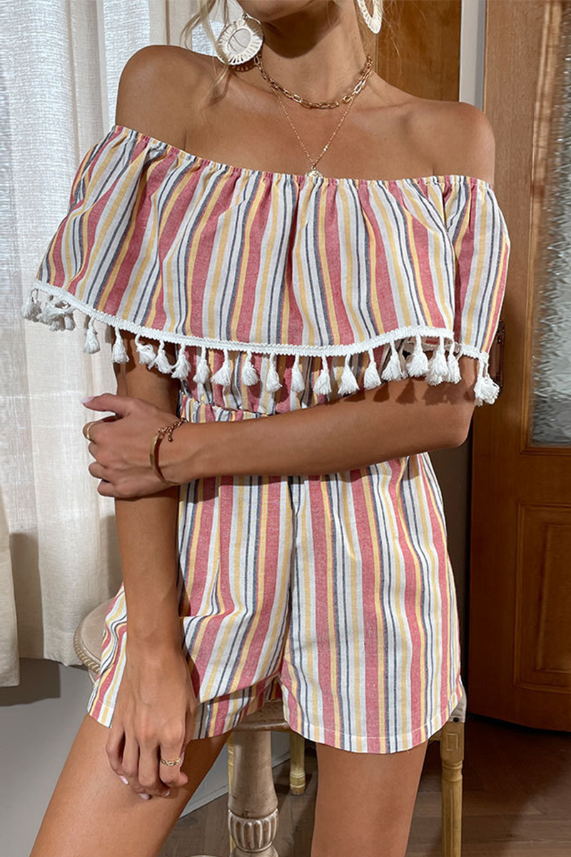 Mono informal recto con hombros descubiertos y borlas con estampado