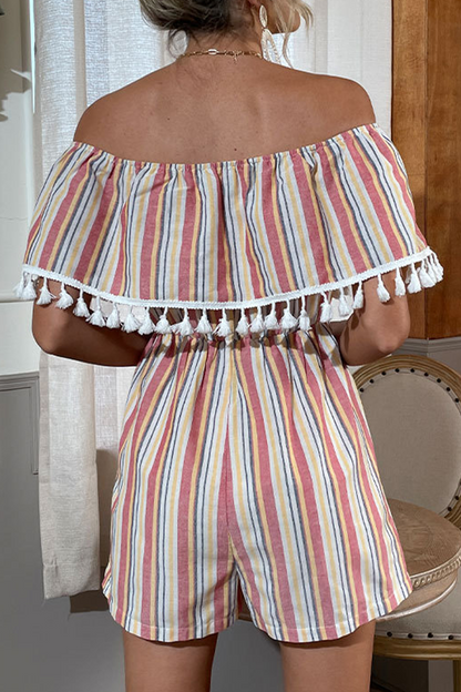 Mono informal recto con hombros descubiertos y borlas con estampado
