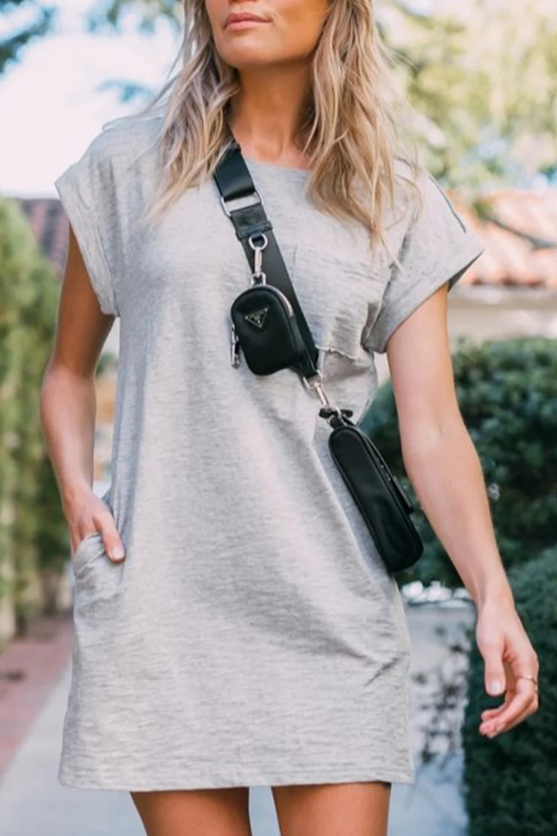 Vestidos casuales rectos con cuello redondo y parches sólidos