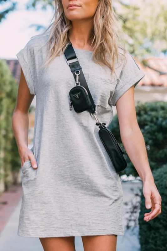 Vestidos casuales rectos con cuello redondo y parches sólidos
