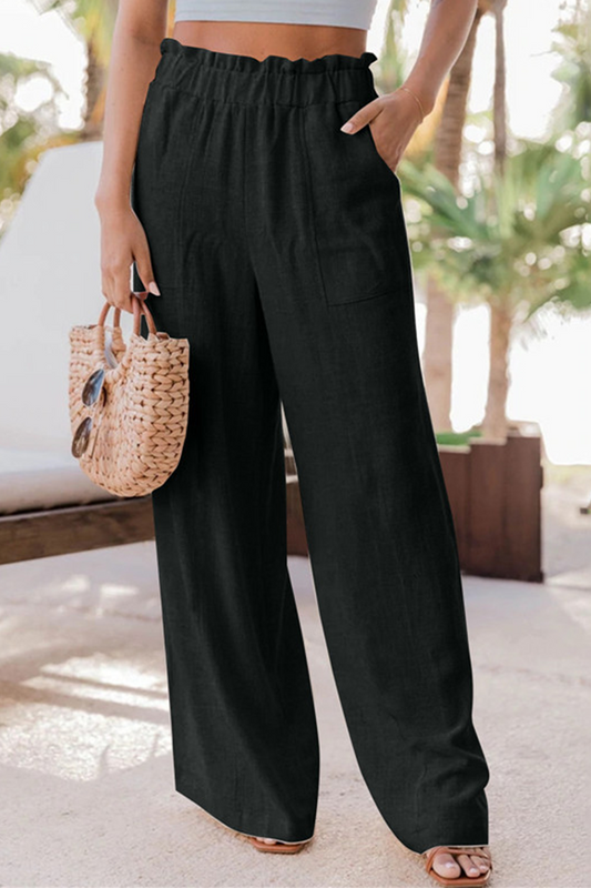 Pantalones casuales de color liso con parches, cintura alta, rectos y pierna ancha