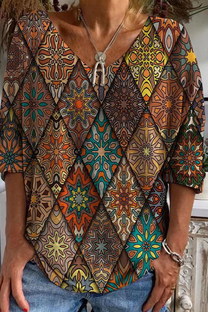 Camisetas informales con cuello en U y estampado patchwork (3 colores)