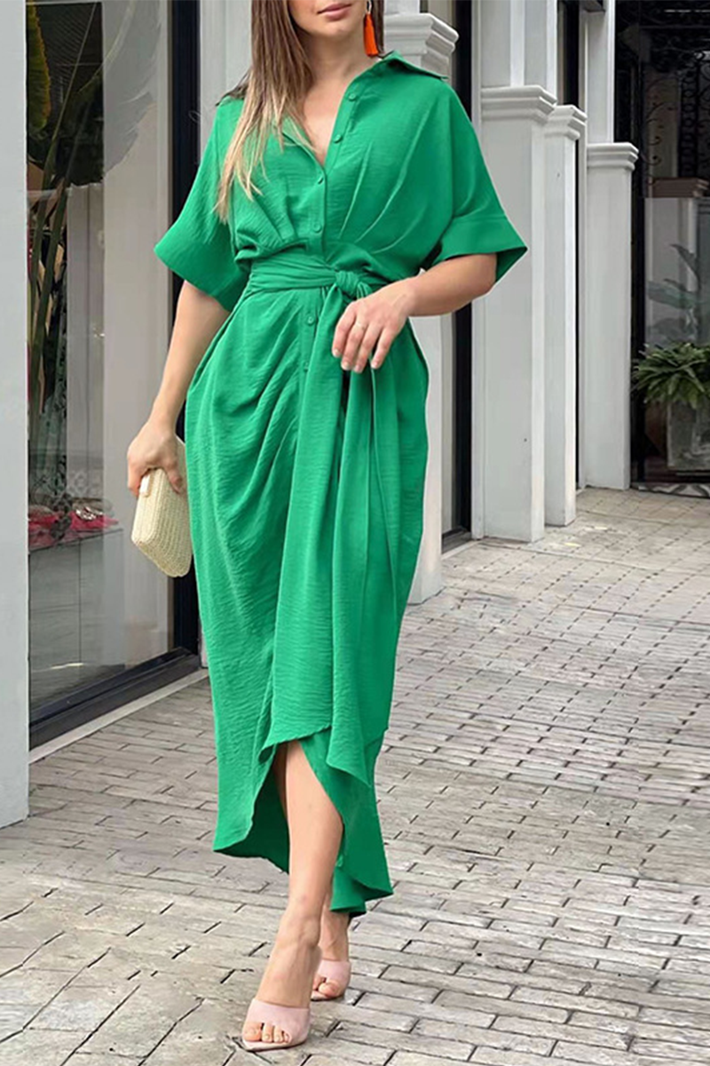 Vestido camisero informal de cuello vuelto con parches lisos (4 colores)