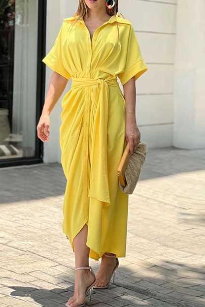 Vestido camisero informal de cuello vuelto con parches lisos (4 colores)