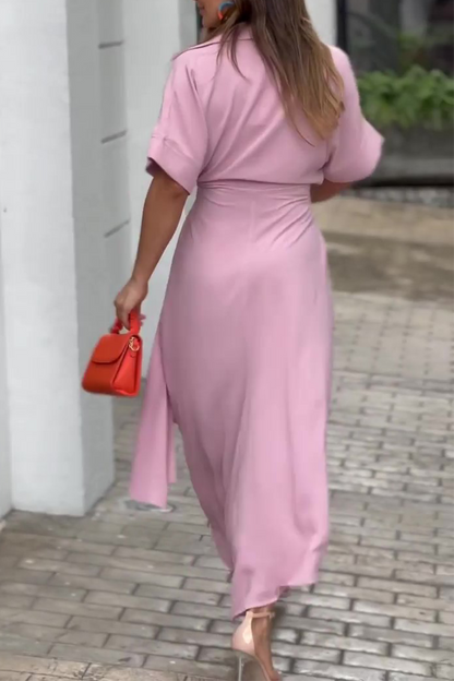 Vestido camisero informal de cuello vuelto con parches lisos (4 colores)