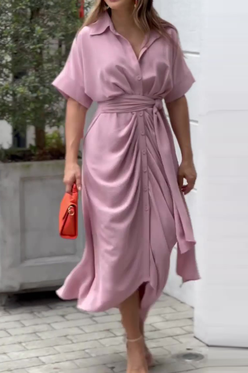 Vestido camisero informal de cuello vuelto con parches lisos (4 colores)