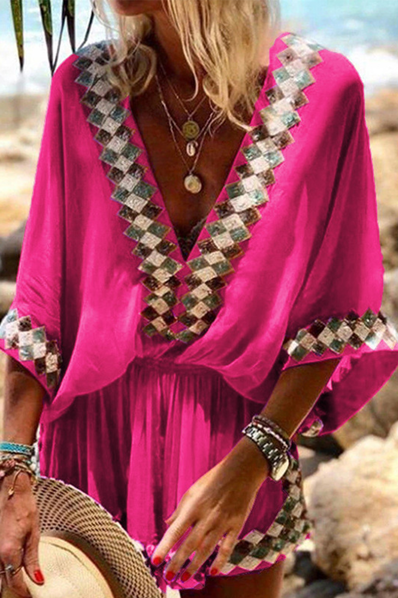 Monos casuales rectos con cuello en V y parches sólidos (4 colores)