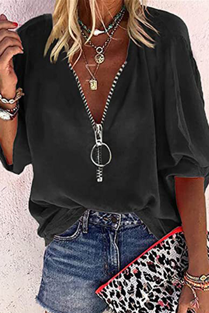 Tops casuales de cuello con cremallera y retazos sólidos (8 colores)