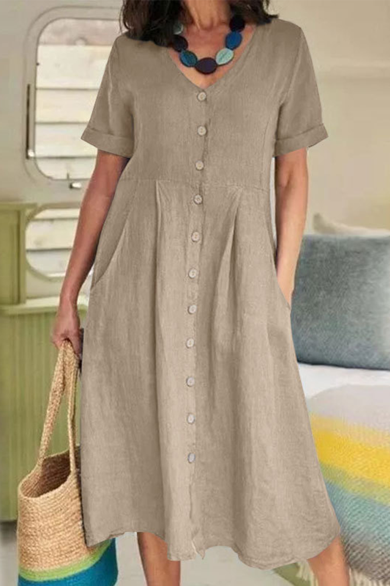 Vestidos casuales rectos con escote en V y hebilla sólida (5 colores)