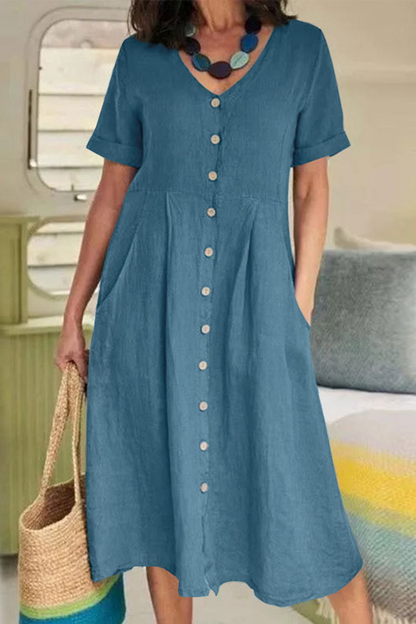 Vestidos casuales rectos con escote en V y hebilla sólida (5 colores)
