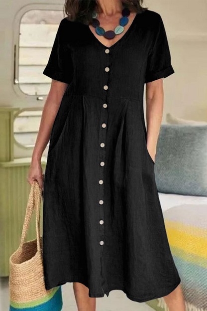 Vestidos casuales rectos con escote en V y hebilla sólida (5 colores)