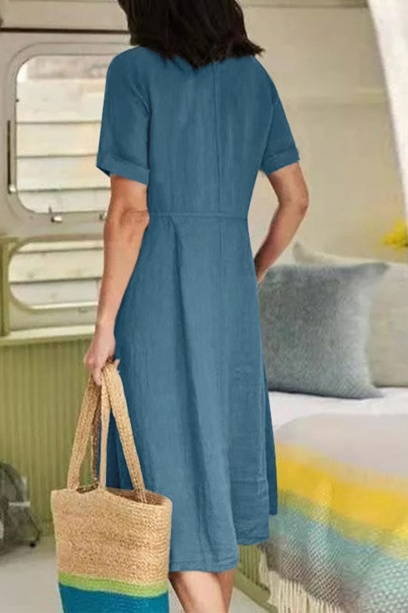 Vestidos casuales rectos con escote en V y hebilla sólida (5 colores)