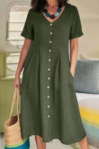 Vestidos casuales rectos con escote en V y hebilla sólida (5 colores)