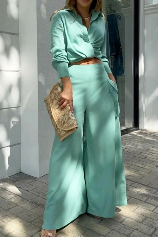 Conjunto de dos piezas de manga larga con cuello vuelto y parches lisos a la moda (3 colores)
