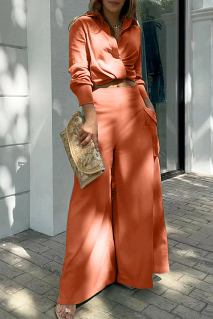 Conjunto de dos piezas de manga larga con cuello vuelto y parches lisos a la moda (6 colores)
