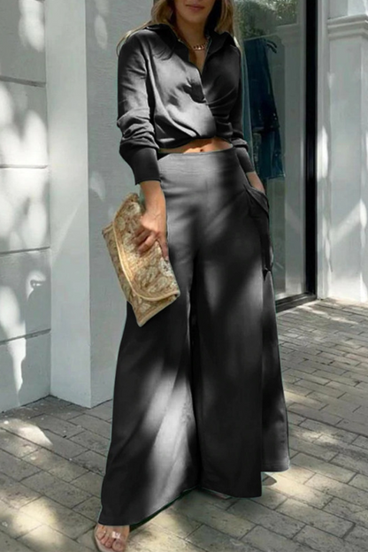 Conjunto de dos piezas de manga larga con cuello vuelto y parches lisos a la moda (6 colores)