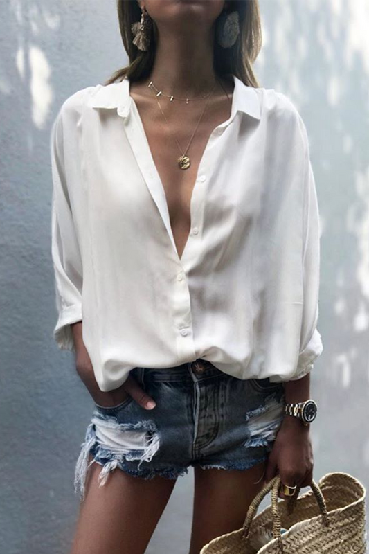 Tops casuales de cuello vuelto con parches sólidos (8 colores)