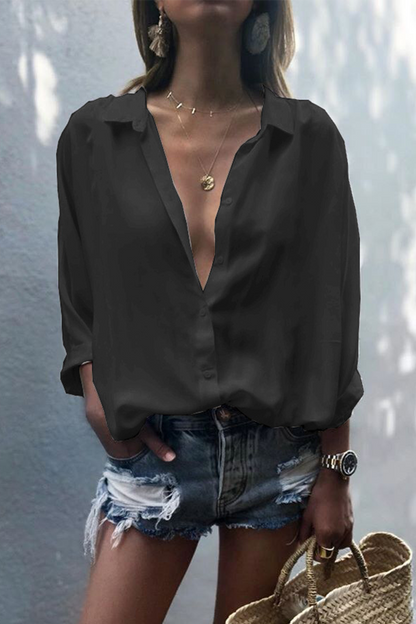 Tops casuales de cuello vuelto con parches sólidos (8 colores)