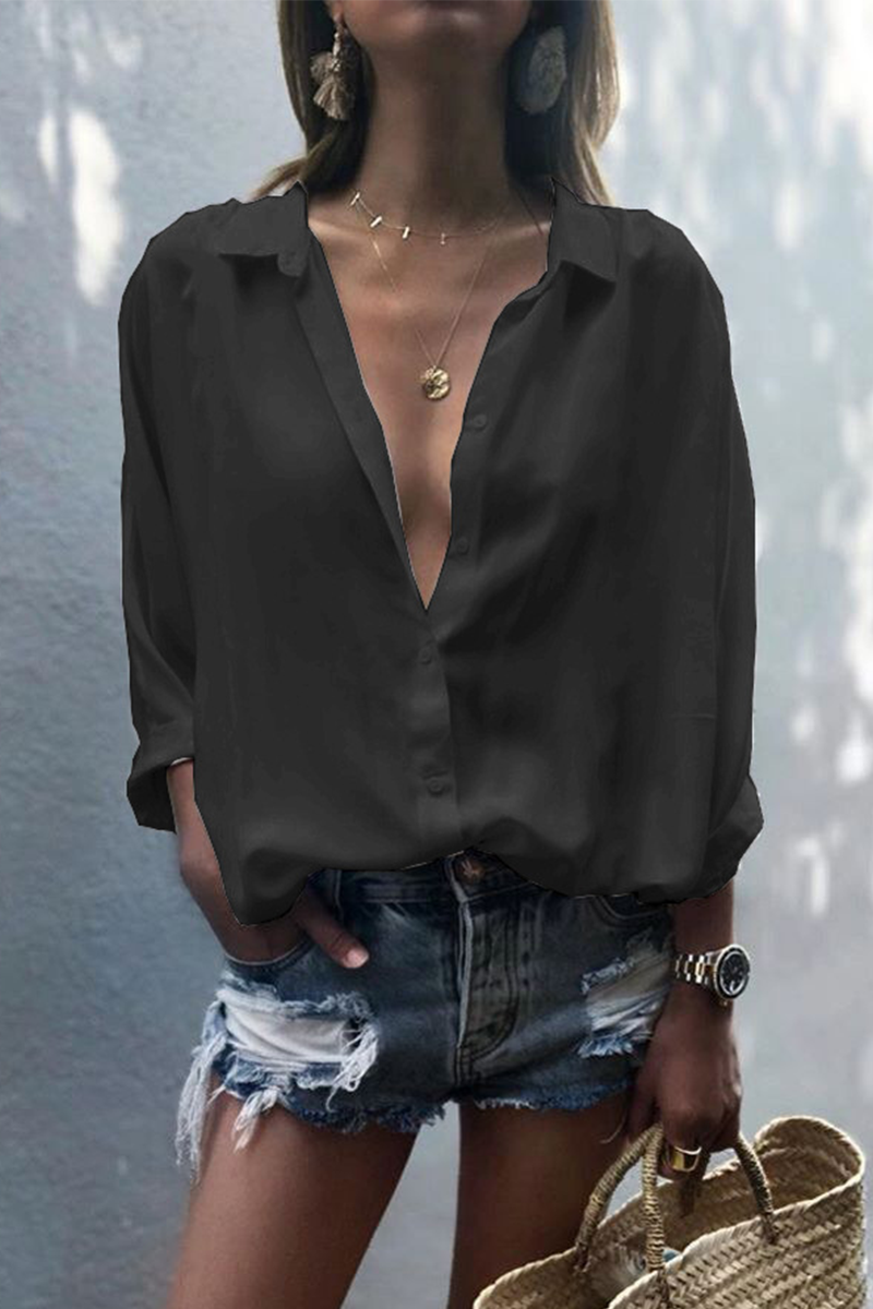 Blusas casuales de cuello vuelto con parches lisos (8 colores)
