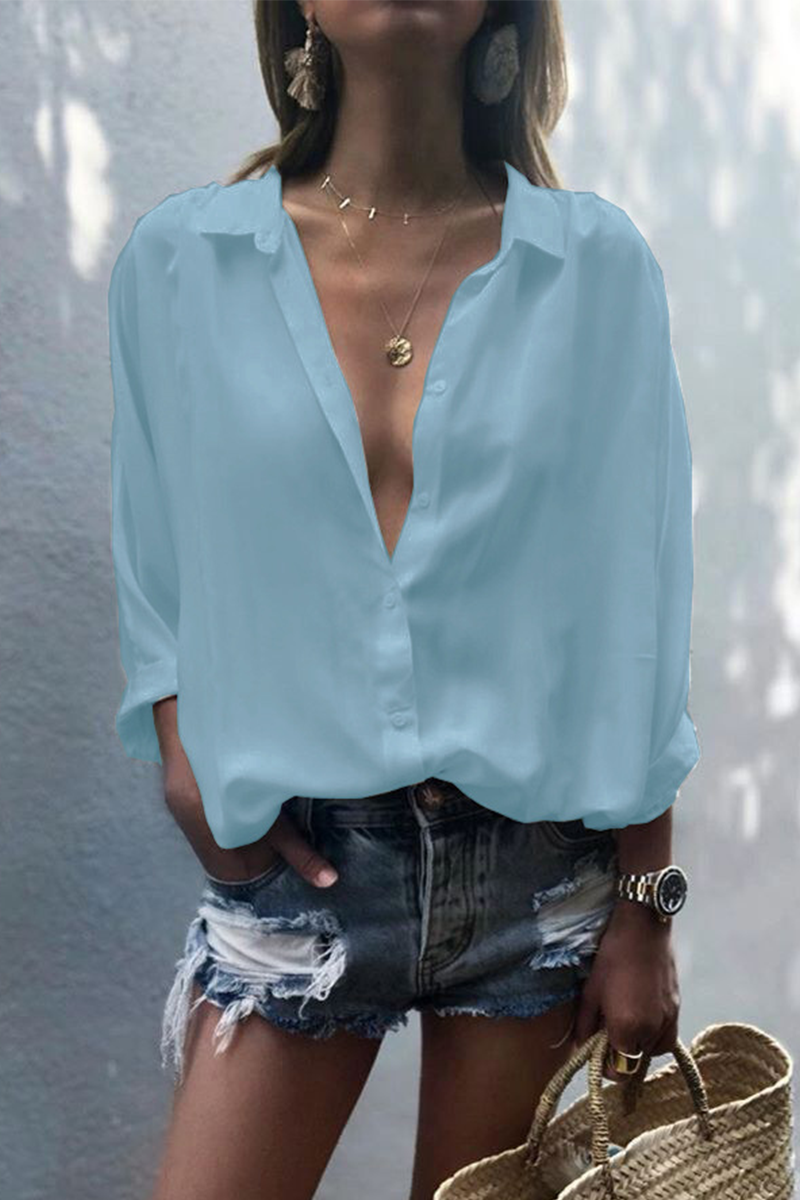 Blusas casuales de cuello vuelto con parches lisos (8 colores)