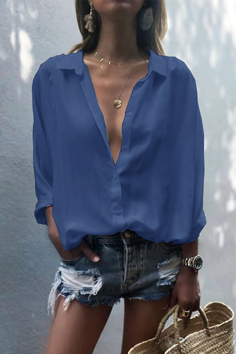 Blusas casuales de cuello vuelto con parches lisos (8 colores)