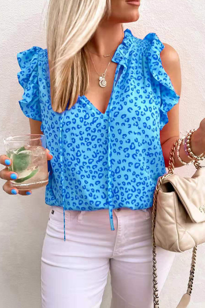 Casual Leopard Flounce V Neck T-Shirts(3 Colors)