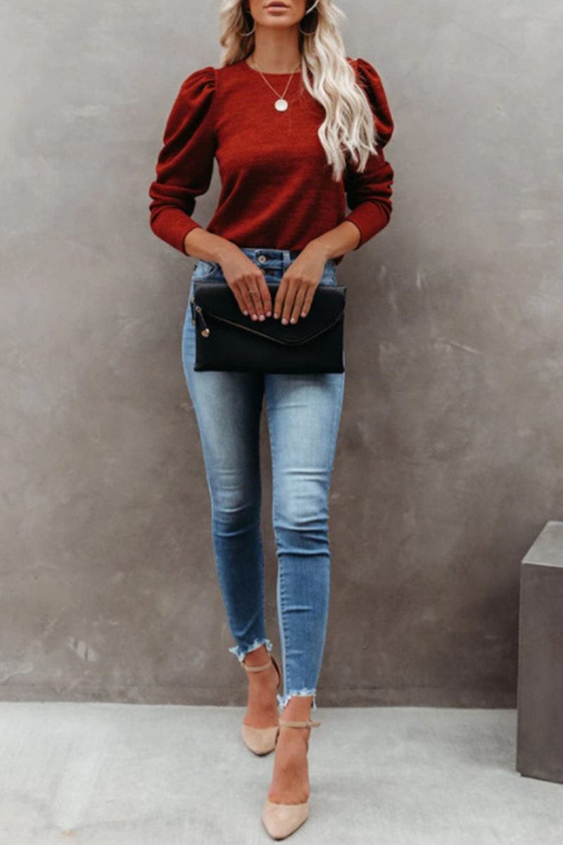 Tops casuales de cuello redondo con parches sólidos (4 colores)