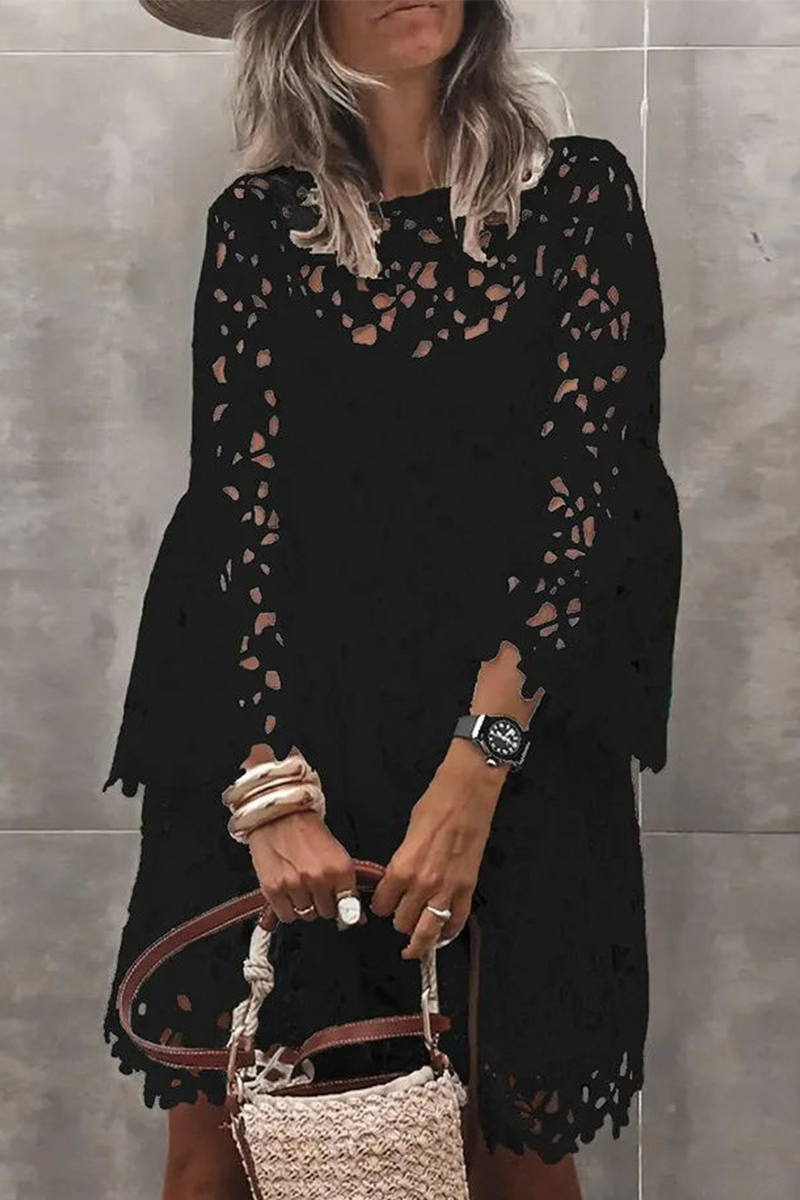 Vestido de encaje liso con cuello redondo y encaje de moda