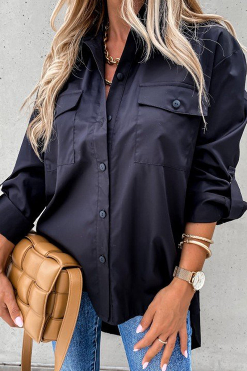 Blusas casuales de cuello vuelto con parches sólidos