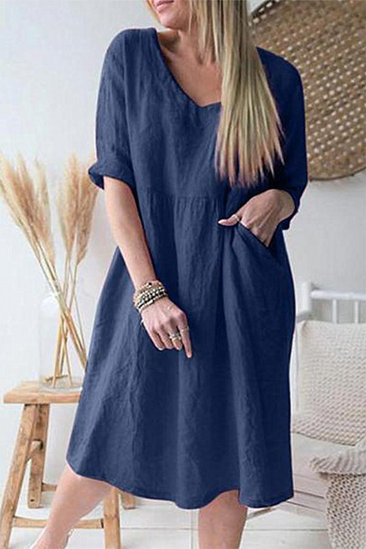 Vestidos casuales lisos con cuello en V y patchwork