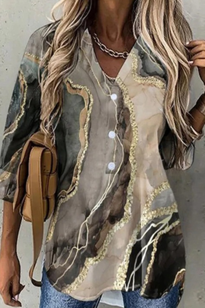 Blusas casuales con cuello vuelto y estampado de patchwork