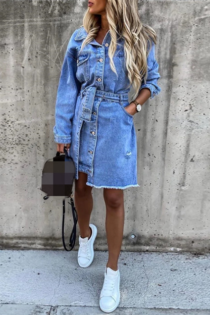 Vestido camisero informal de cuello vuelto con parches sólidos