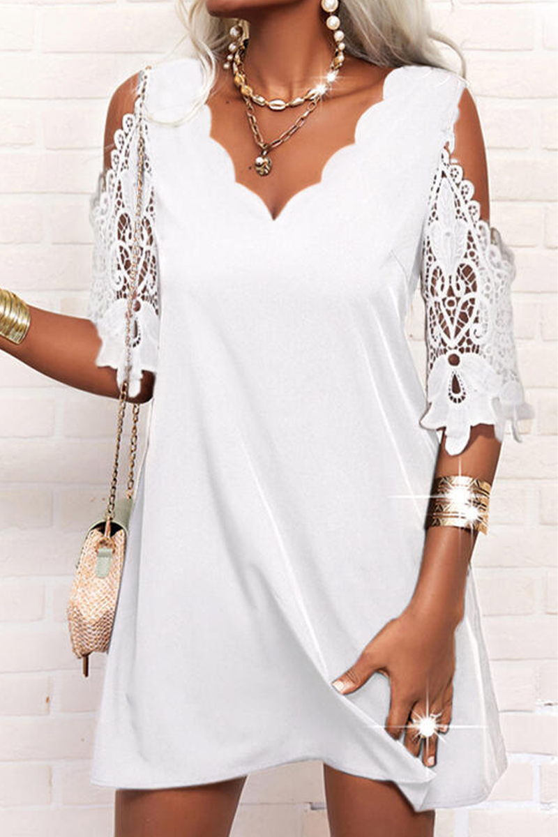 Vestidos casuales rectos de encaje liso con cuello en V (3 colores)