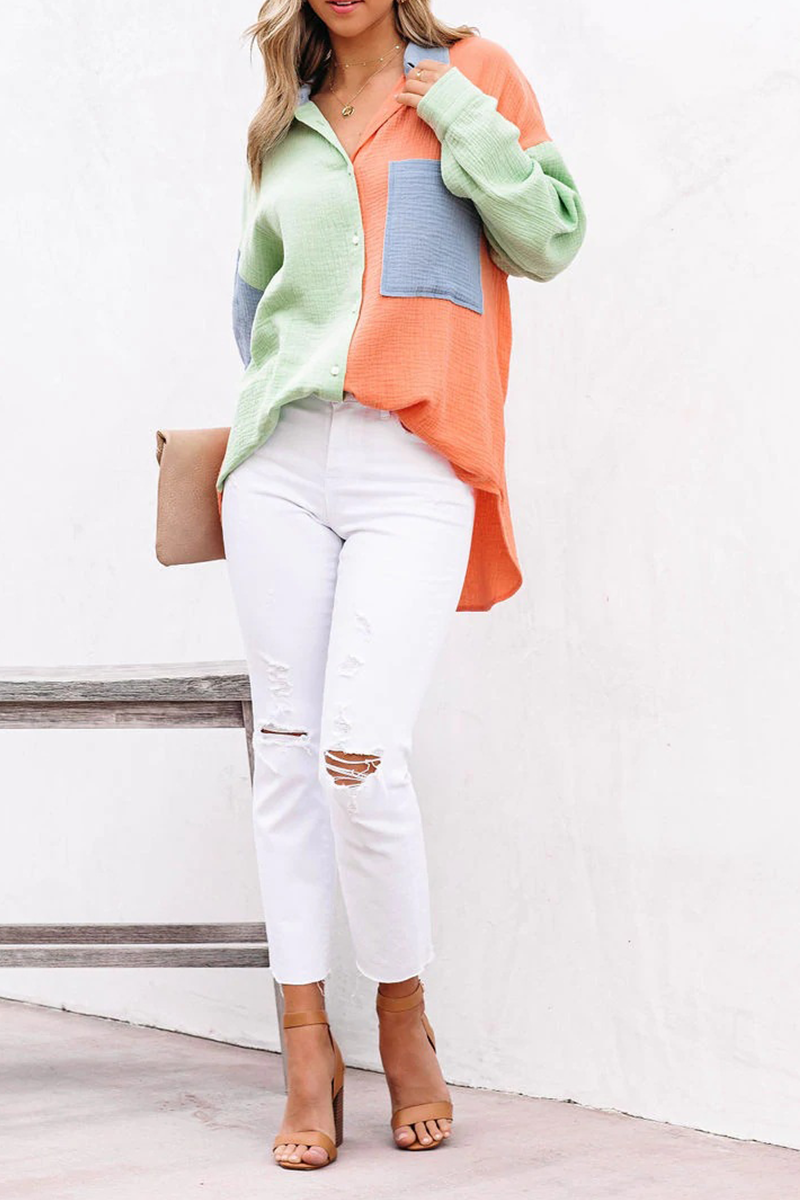 Tops casuales de cuello vuelto con parches sólidos (4 colores)
