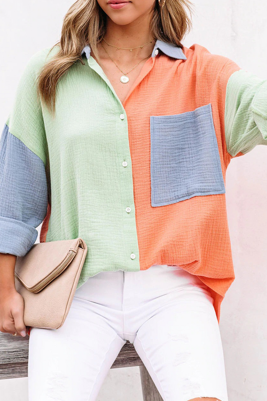 Tops casuales de cuello vuelto con parches sólidos (4 colores)