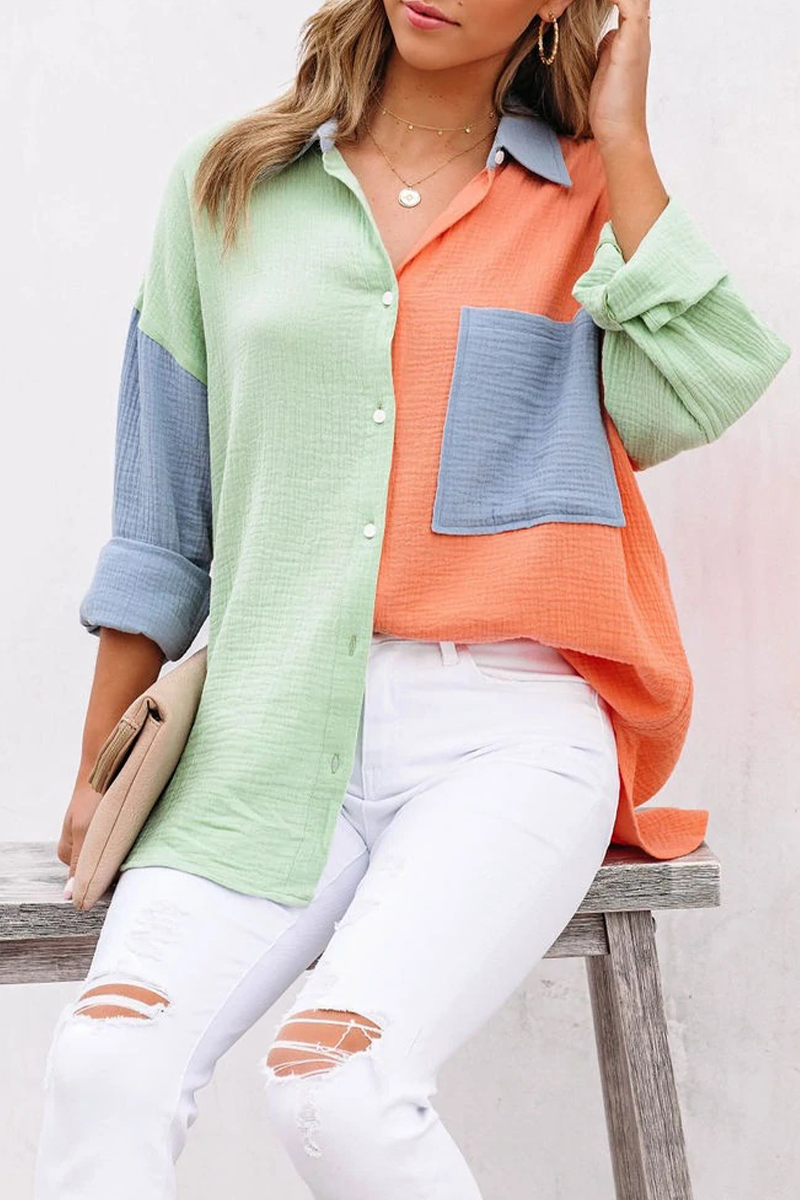 Tops casuales de cuello vuelto con parches sólidos (4 colores)