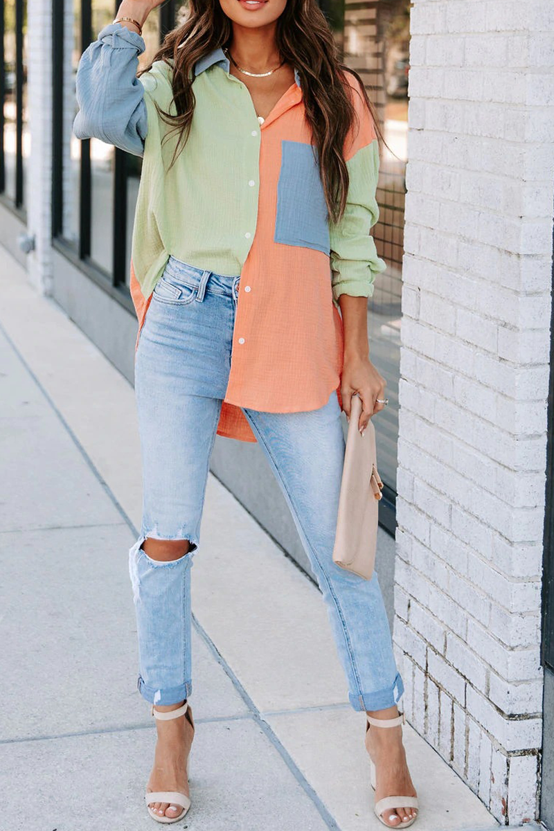 Tops casuales de cuello vuelto con parches sólidos (4 colores)