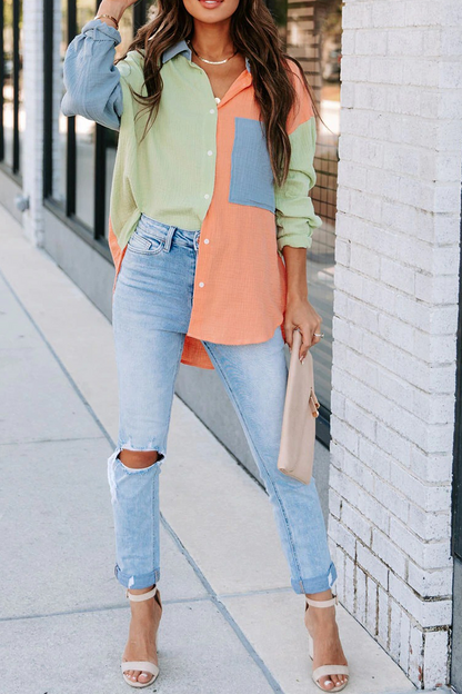 Tops casuales de cuello vuelto con parches sólidos (4 colores)