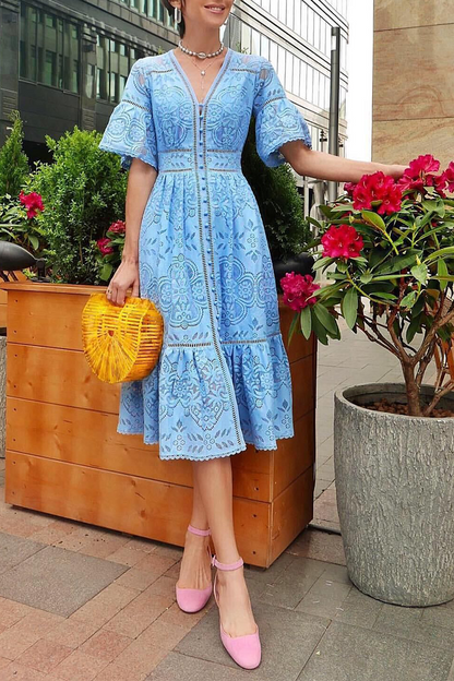 Vestido informal de encaje liso con escote en V (3 colores)