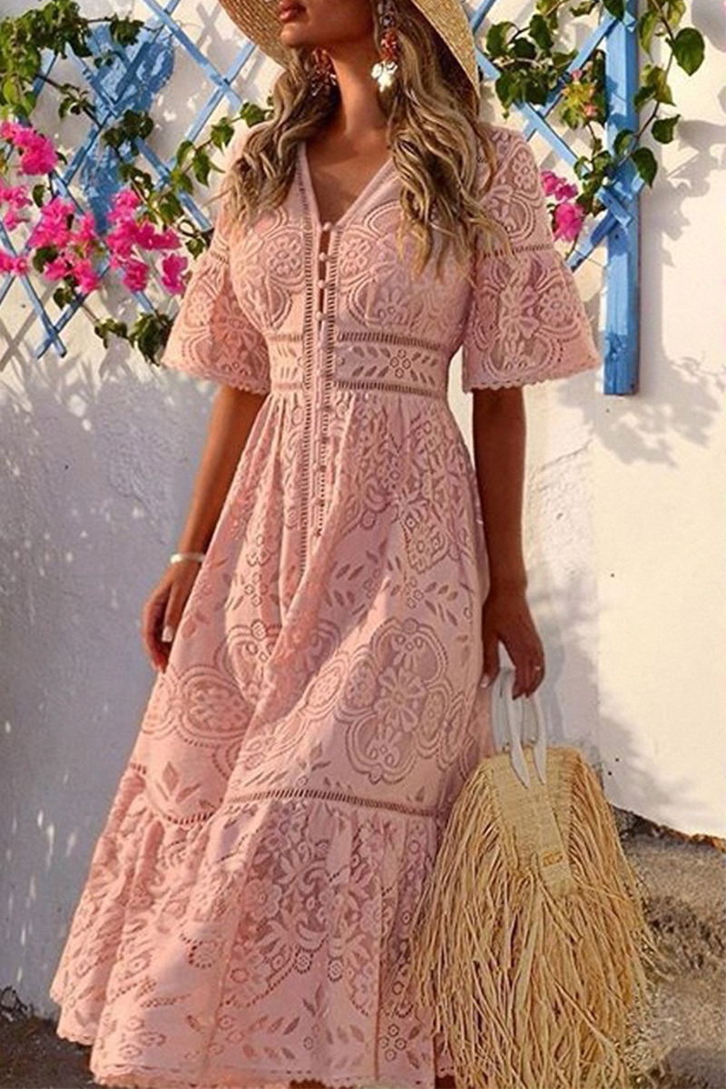 Vestido informal de encaje liso con escote en V (3 colores)