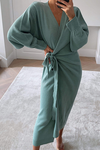 Vestidos casuales con falda y escote en V y parches lisos (5 colores)
