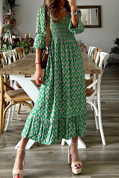 Vestidos casuales con estampado de patchwork, cuello en V y falda pastel (3 colores)